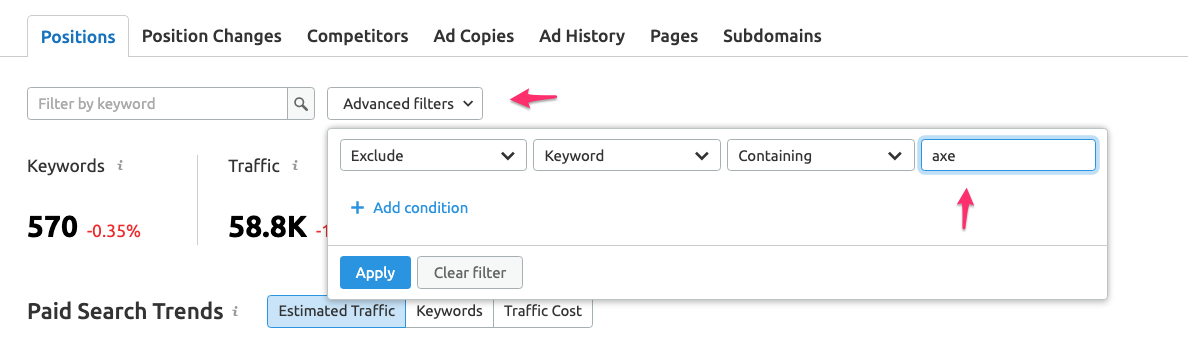 semrush advanced filters