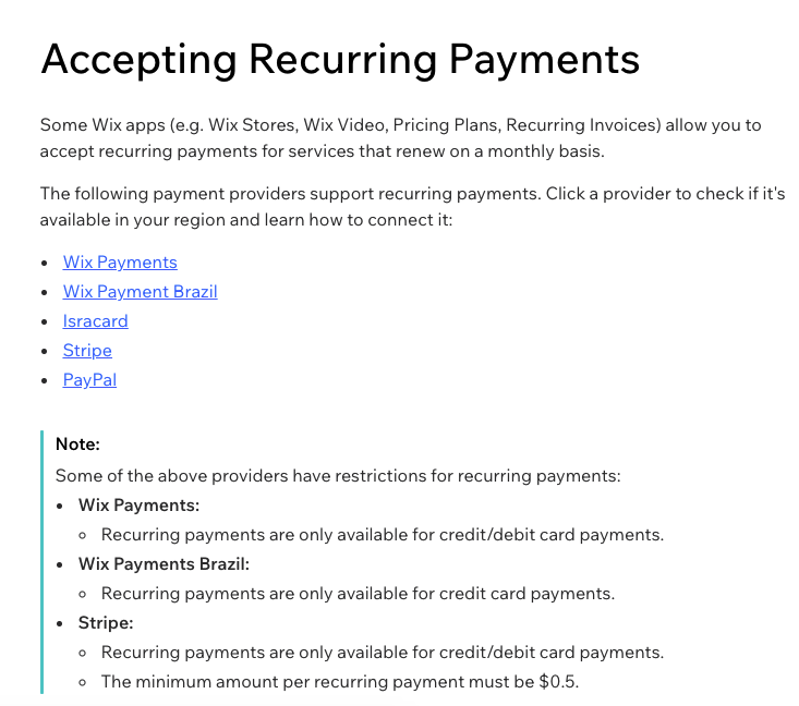 Wix.com Accepting Reccuring Payments