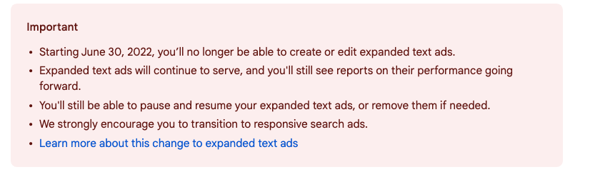 deadline expanded text ads 30 June 2022