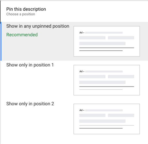 pinning descriptions responsive search ads position 1 2