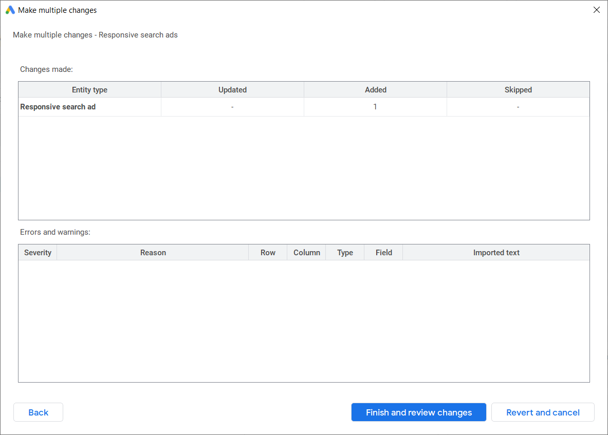 Finish and review changes button to completely import the RSA data