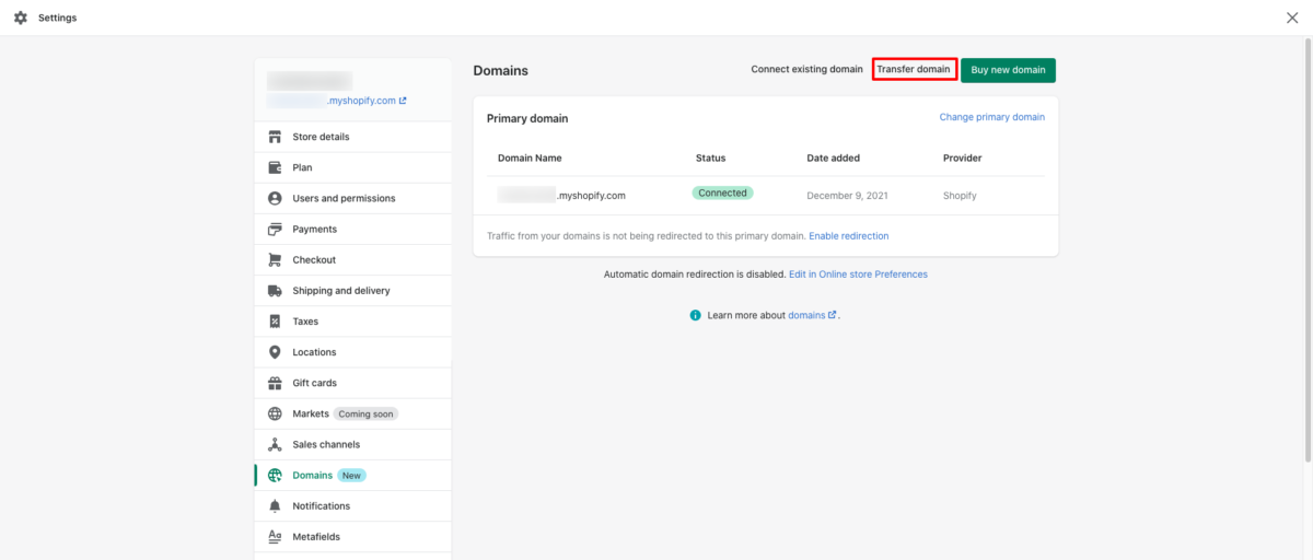 Transfer Domain to Shopify