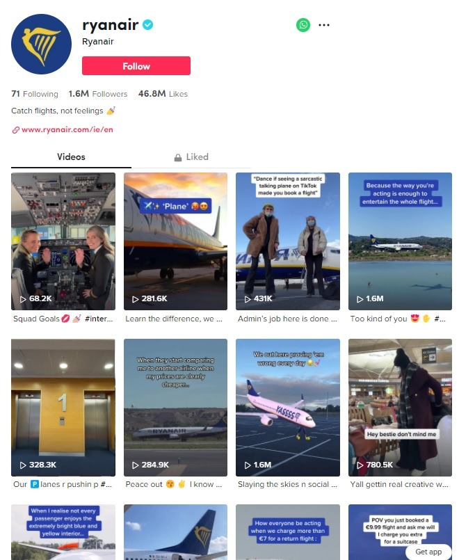 tiktok brand account and best practice example ryanair