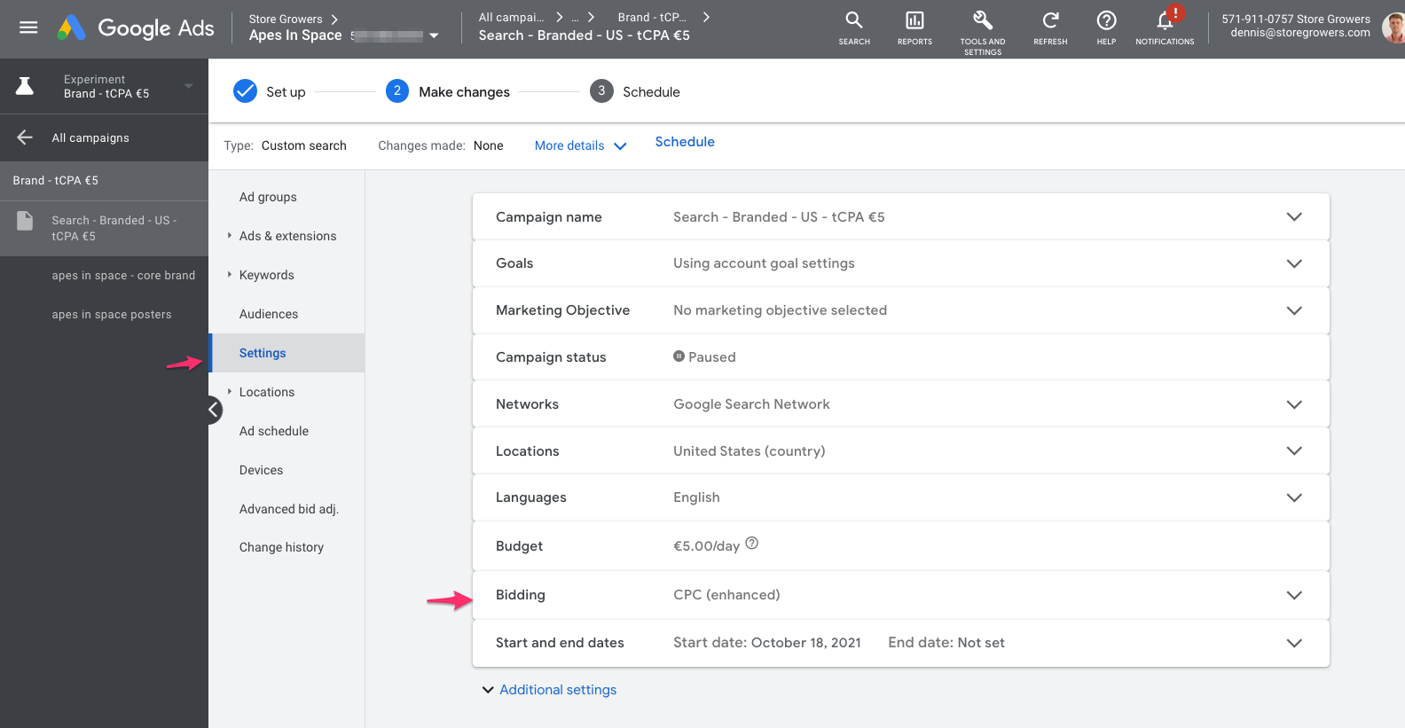 google experiment settings