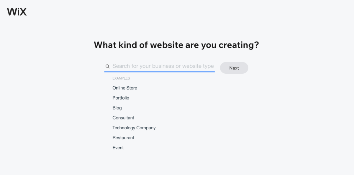 Wix - selecting the type of website