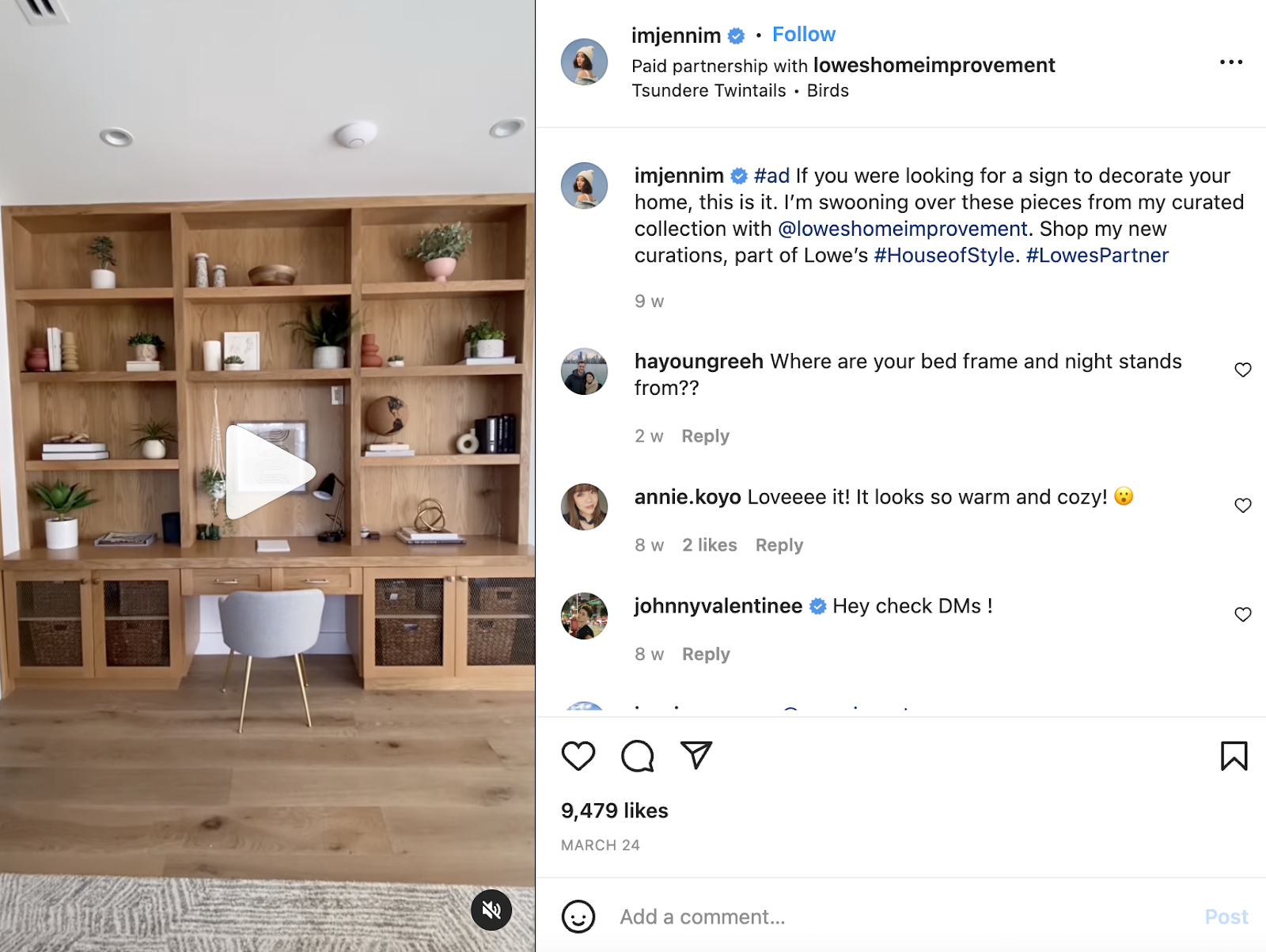 screenshot of Jenn Im's Instagram post in partnership with Lowe's to show her curated home collection | influencer partnerships