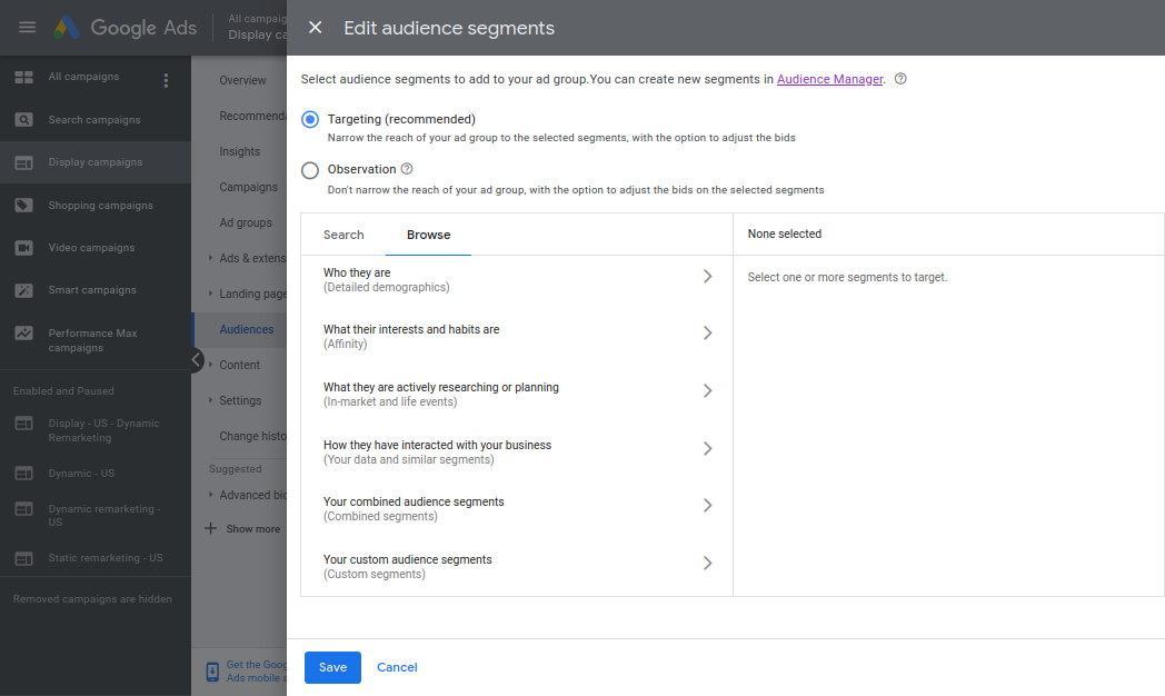 Edit audience segment dialog within Google Ad dashboard