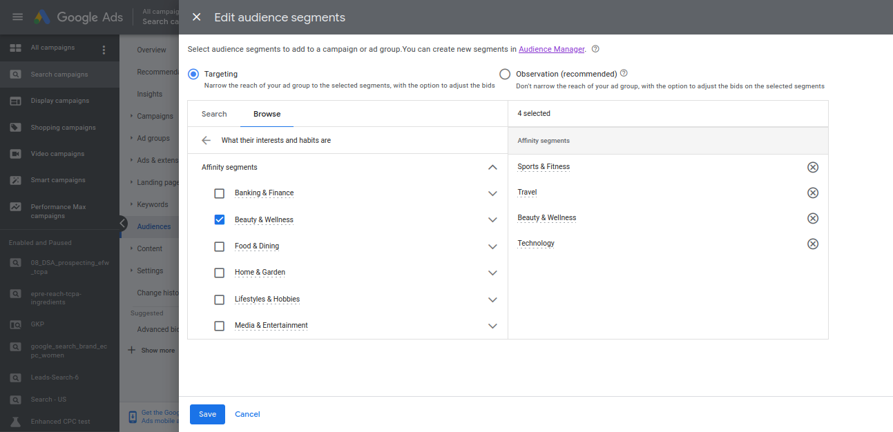 Edit affinity audience segment in Google Ad