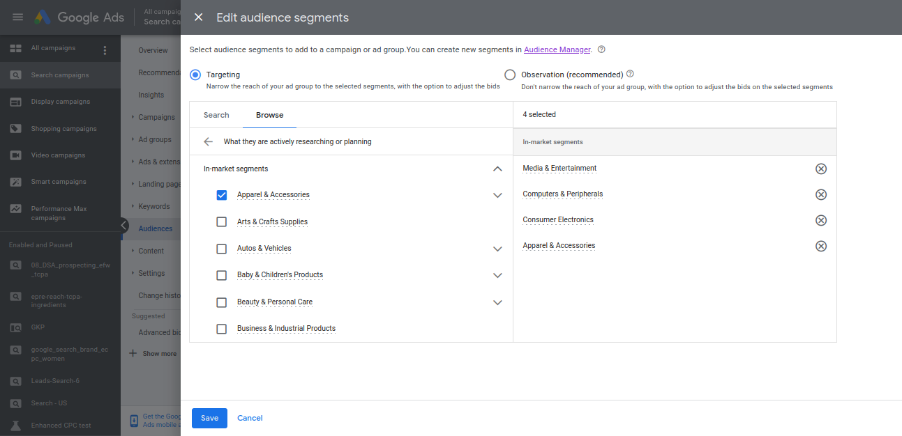 Edit in market audience segment in Google Ad