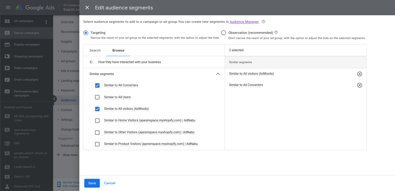 Edit similar audience segments in Google Ad