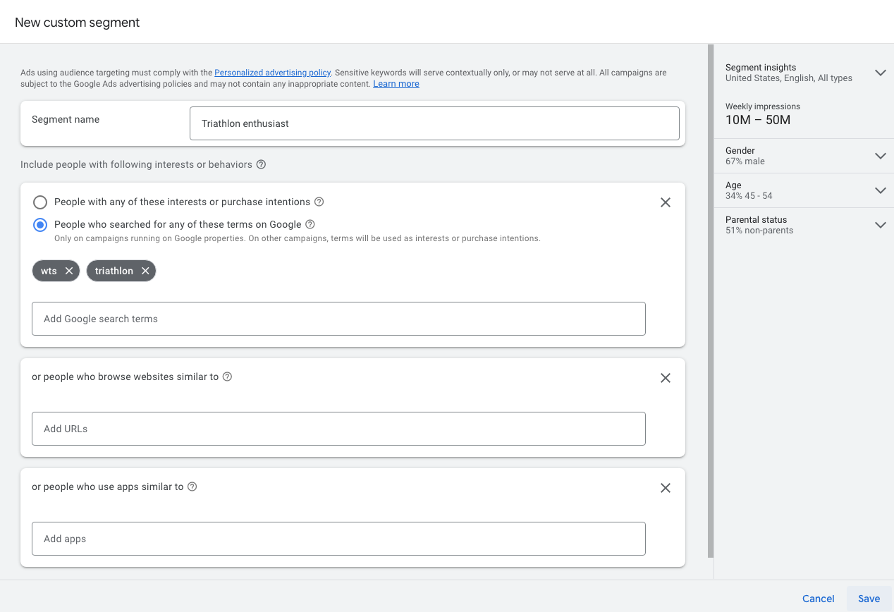 create custom audience segment in Google