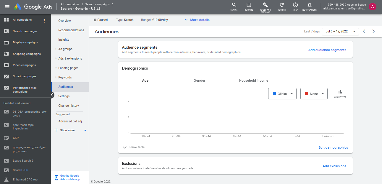 Audience tab within a campaign within Google Ad dashboard