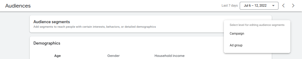 Campaign or Ad Group level audience segment in Google Ad Dashboard