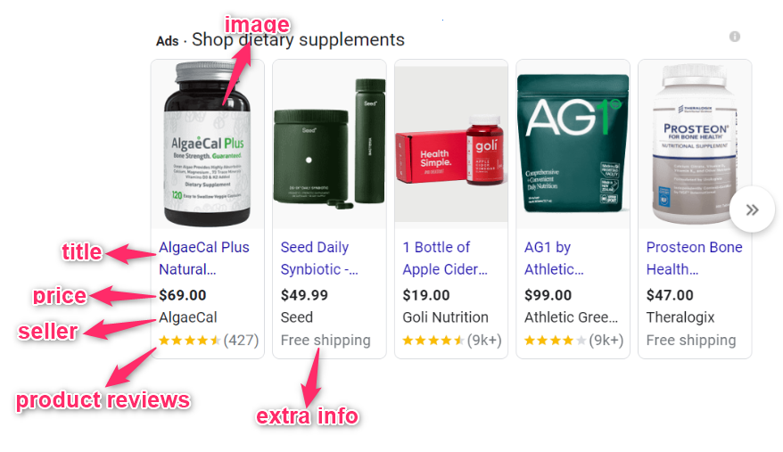Example of ads for supplement products in Google Shopping