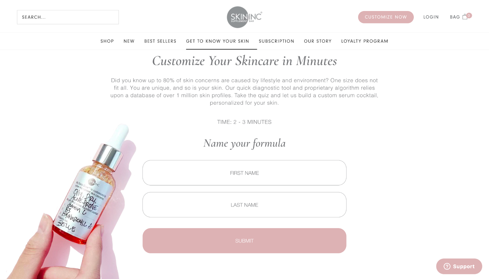 screenshot of skin inc's website showing how customers can start making personalized products and 