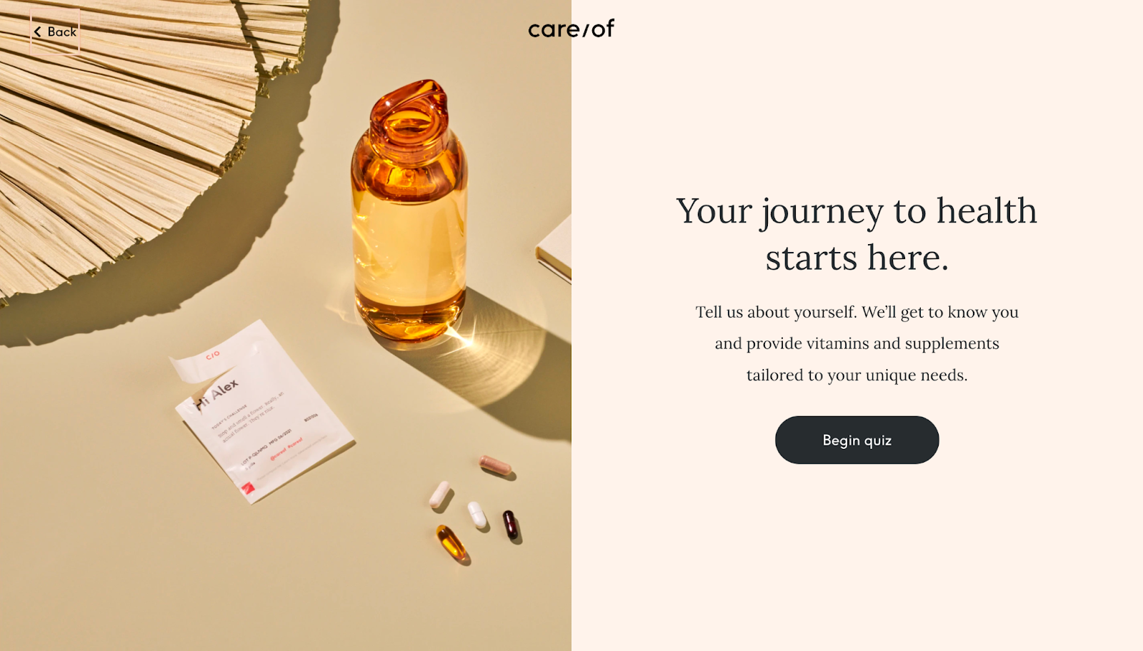 screenshot of care/of page to begin their quiz, with the left side showing an image of vitamins and a bottle of liquid, and the right side with text reading 