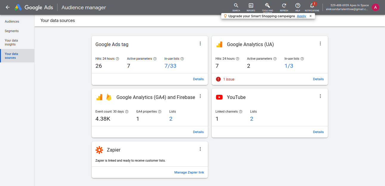 data source for remarketing lists in google dashboard