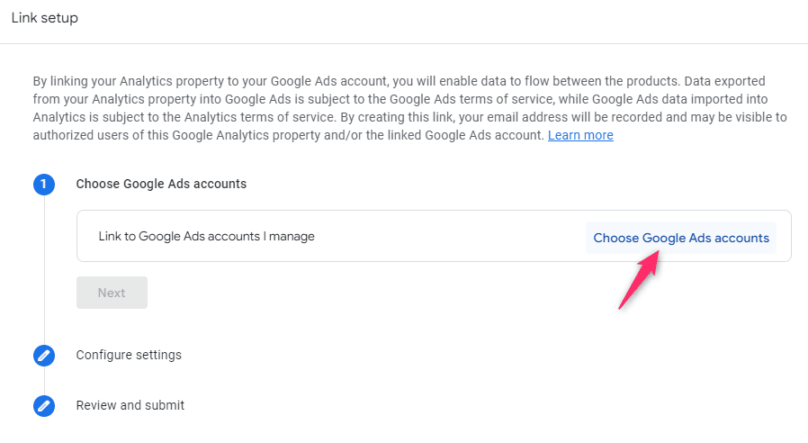 Choose the Google account you want to link with Google Analytics