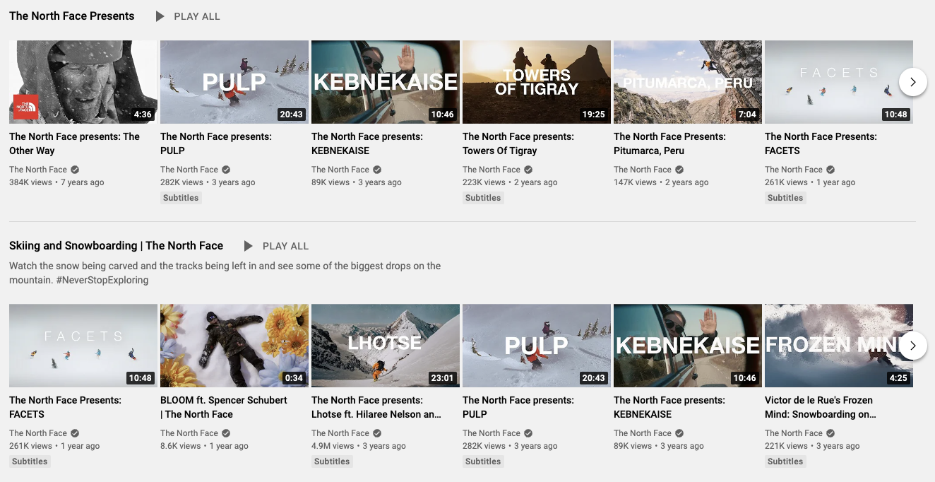 screenshot of the north face youtube channel social media strategies