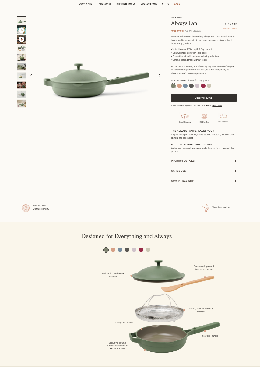 product page examples from our place showing green always pan