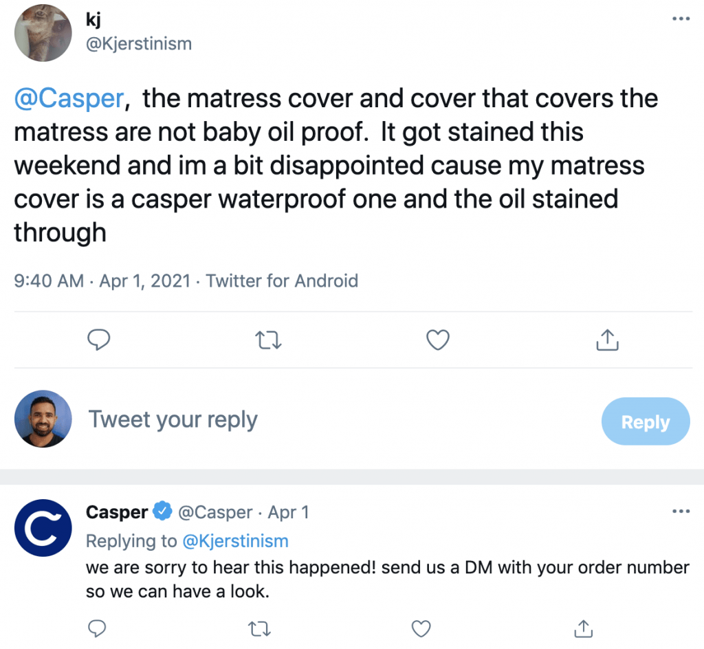 Casper social media support on Twitter