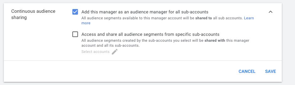 google manager account continuous audience sharing