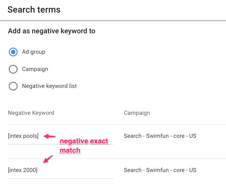 google negative keyword match types