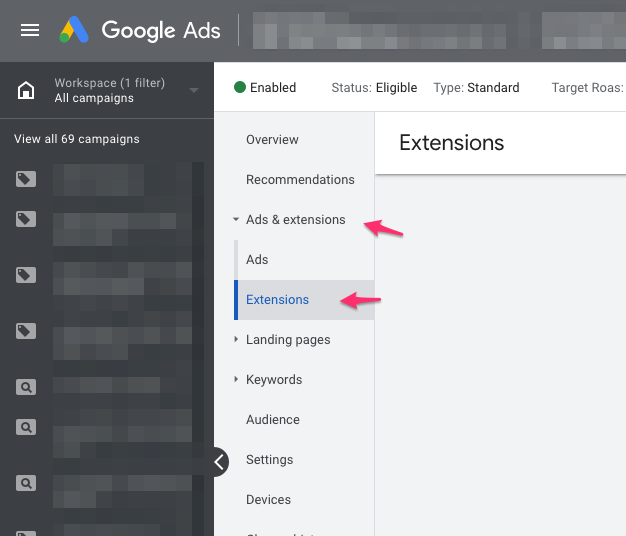 google ad extensions menu