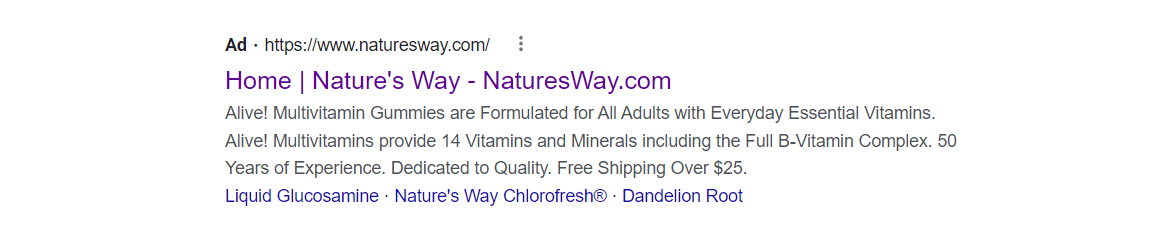 Example of a branded Search ad from Nature’s Way