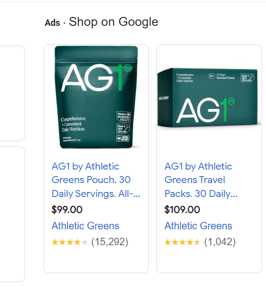 Example of a Shopping Ad Search from Athletic greens