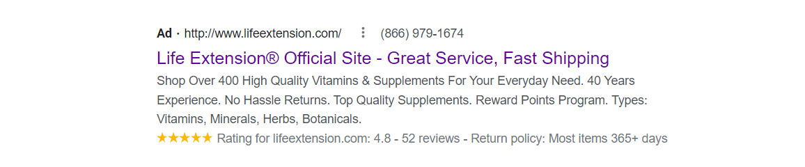 Example of a branded search ad from Life Extension
