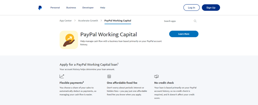 PayPal Working Capital Homepage