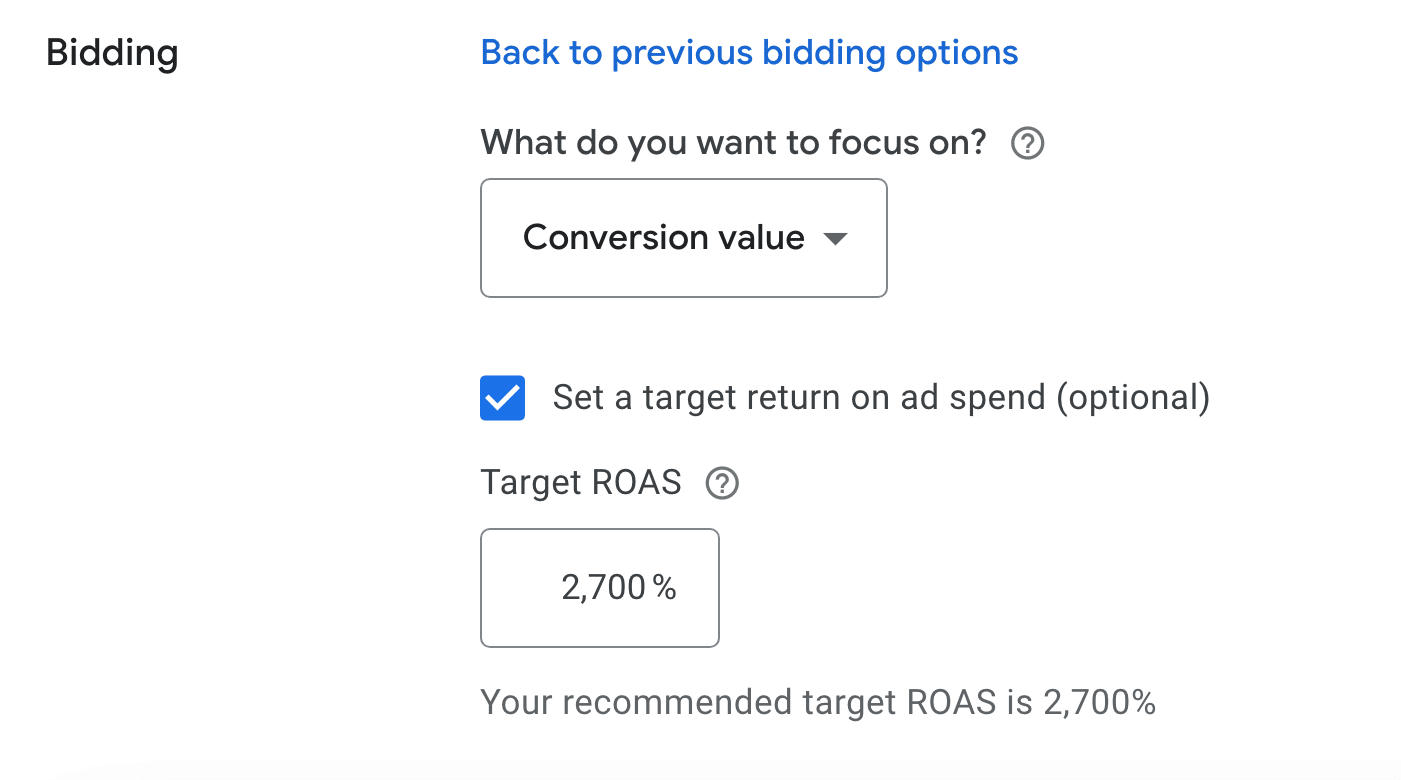 google maximize conversion value target roas smart bidding