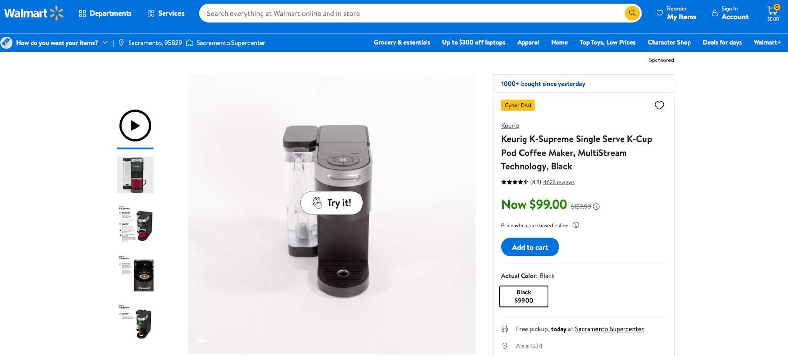 screenshot keurig product page examples from walmart showing try before buy feature