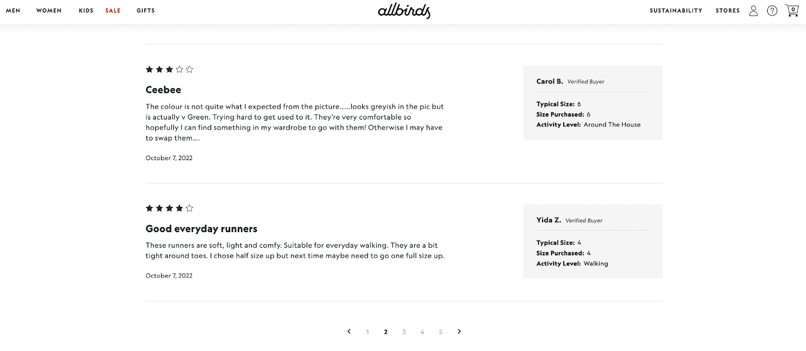 allbirds screenshot product page examples showing user reviews that can be filtered